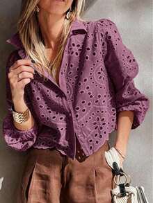 Camisa de verano con volantes bordados y nudo delantero de unicolor para vacaciones - Color caoba - Ver 5