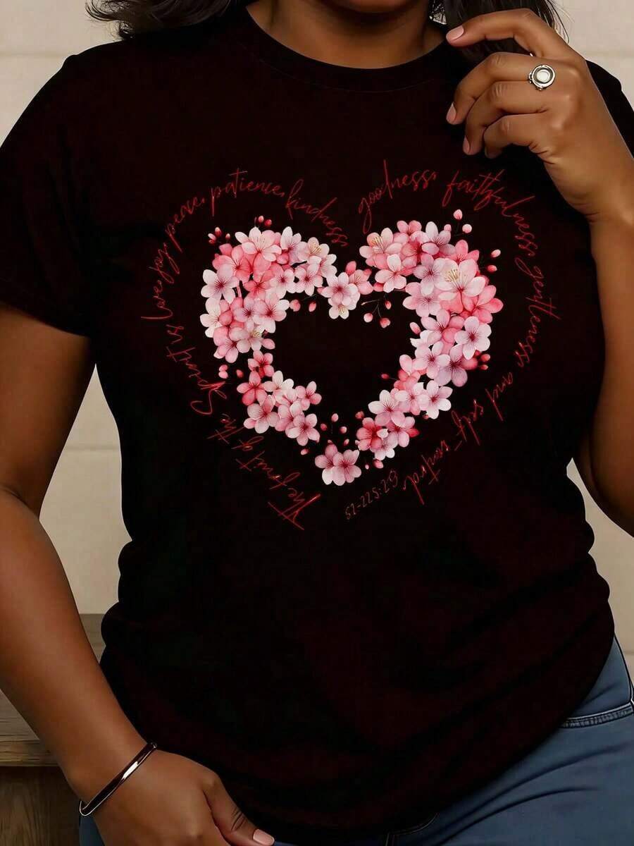 Women's T-Shirt For Mother's Day With Cherry Blossom Design, Heart, Love, Patience, Kindness, Loyalty, Pure Cotton, Round Neck, Casual, Soft, Comfortable, Stretchy Fabric For Daily Wear, Seasonal Outfit, Holiday Gift, Everyday Leisure - 黑色 - 查看 1