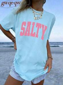 Women's Graphic T-Shirt "If You're Grumpy, Please Go Back To The Beach" With Salty Print, 100% Cotton, Double-Sided Print, Casual Summer Style, Plus Size | Summer Clothes | Vacation Clothes - Women's World Cup Print T-Shirt, 100% Cotton, Short Sleeve, Crew Neck, Casual Style - 淺藍色 - 查看 2