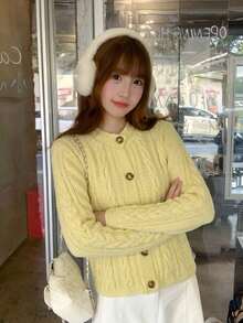 New Solid V-Neck Casual Loose Knit Sweater For Women, Spring/Autumn - Yellow - View 5