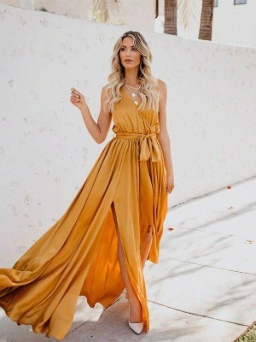 Women's Elegant Bohemian Maxi Dress, Plain V-Neck Sleeveless High Slit Full Panel Skirt - 黃色 - 查看 1