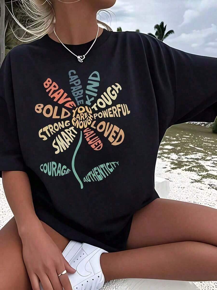 Camiseta de talla grande para mujer con estampado floral transpirable, divertida, de manga corta, con diseño gráfico, novedosa, 100% algodón, informal, con cuello redondo, 200g, playera - Negro - Ver 1