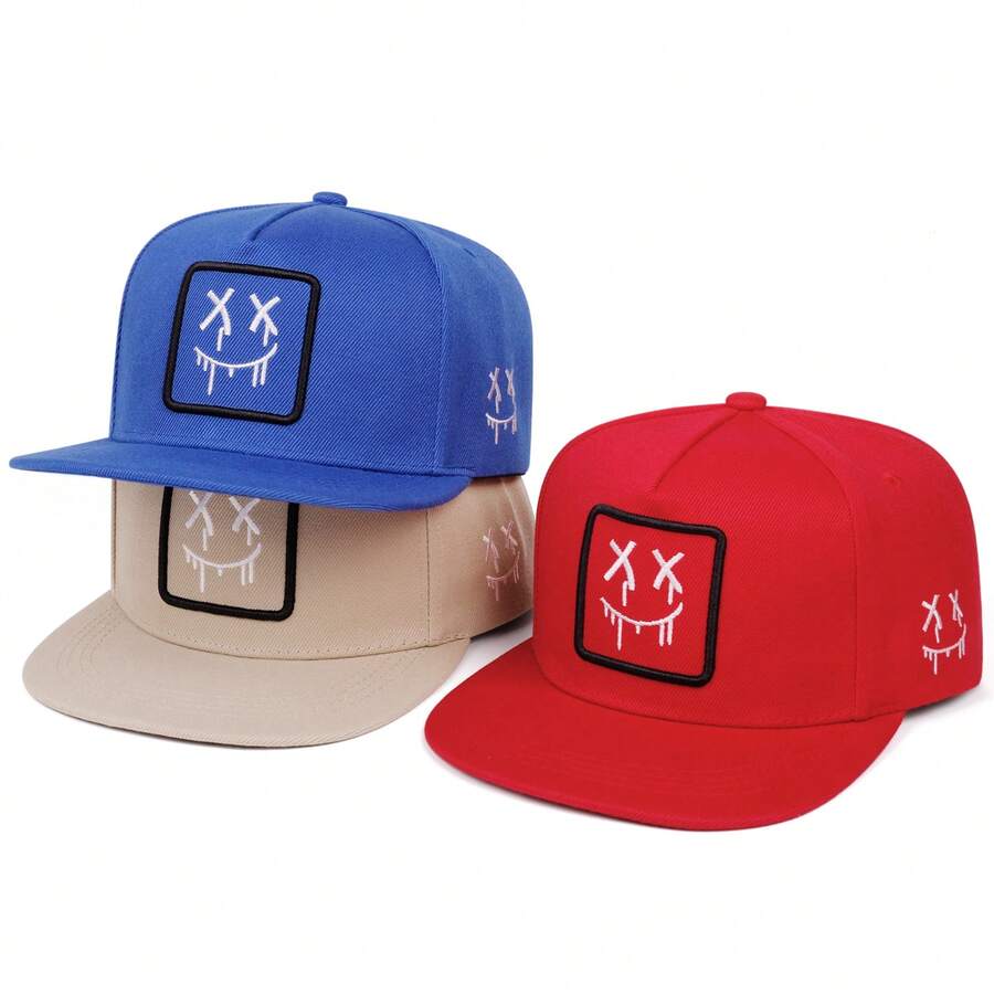 Mũ lưỡi trai kiểu graffiti họa tiết giọt chảy, thêu hình mặt cười, vành bằng, kiểu snapback, phong cách đường phố thường ngày, có thể điều chỉnh, chất liệu hip hop. - A - Xem 1