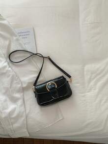 Women's Flap Top Small Handbag, Fashion Metal Buckle Decor Square Bag, Shoulder Crossbody Bag - Black - View 5