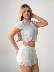 Set de 2 piezas con blusa de manga de pétalo con bordado en la cintura y falda ajustada para mujer - Blanco - Ver 4