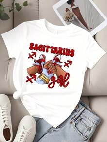 Women's Round Neck T-Shirt With Sagittarius Zodiac Sign Print, Girl With Red Sneakers And Arrows, Short Sleeve, Casual Summer Top For Daily Wear, Casual Blouses For Ladies. - 白色 - 查看 2