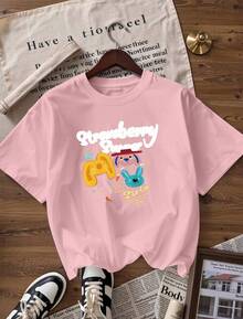 T-Shirt With Three Rabbit Faces And The Text "Strawberry," A  Short-Sleeved T-Shirt For Spring And Summer 2026, Made In Mexico, 180 Grams. Cartoon Print, Couple Design, Suitable For Indoor Or Outdoor Wear. Crew Neck, Unisex, Ideal For The Office And Leisure. One-Pack. - PK-P631577SLNDXZGY638 - 查看 4