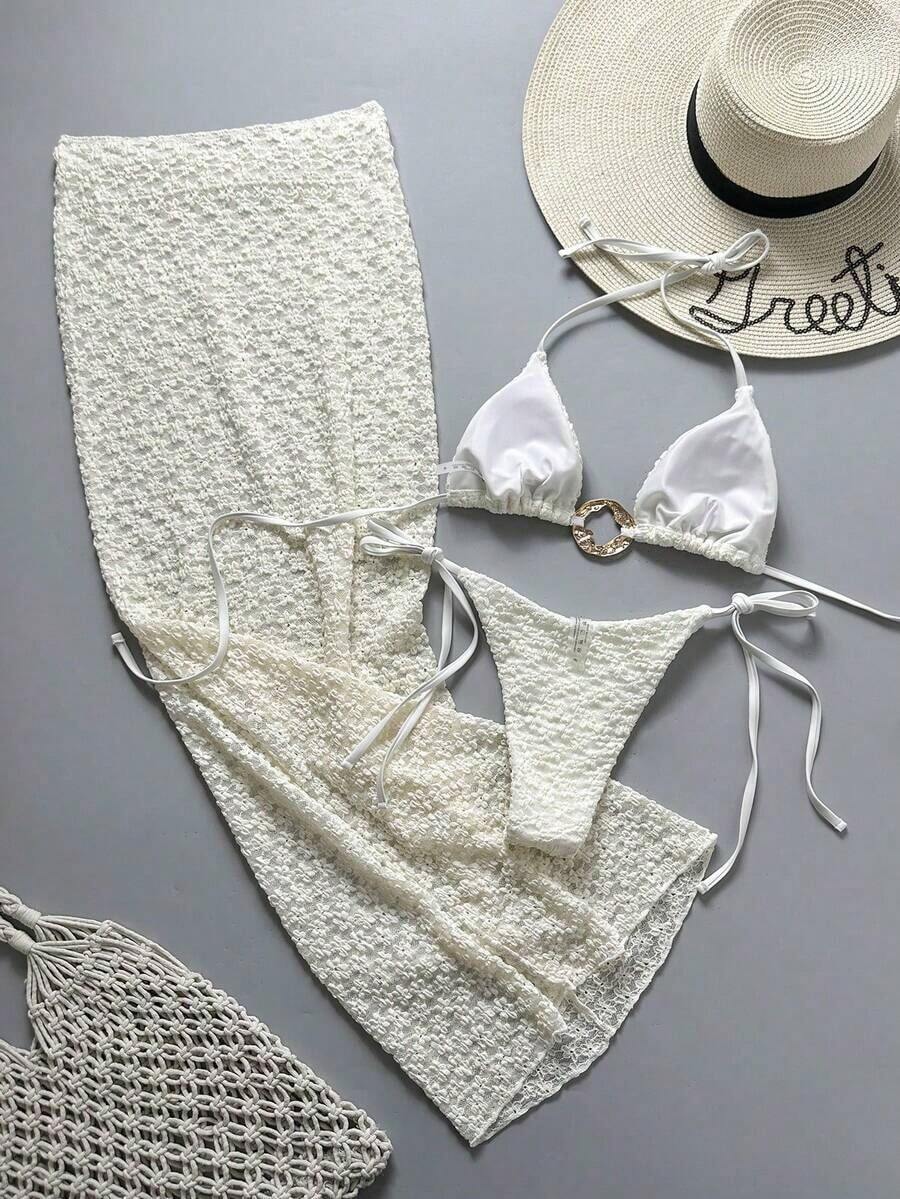 Bonvoyette Set de 3 piezas, decoración de anillo asimétrico dorado con textura floral para vacaciones de primavera/verano, sujetador triangular halter, Bottom de bikini con lazos laterales y falda pareo, conjunto de ropa de mujer Ytk Zestiva Zante para vacaciones, crucero, playa.Conjunto de bikini blanco de 2 piezas, traje de baño, atuendo de playa para mujer - Beis - Ver 1