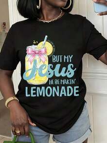 1pcs Women's Tops Summer T-Shirt With Jesus Lemonade Jar Design Casual Round Neck Short Sleeve Tee Summer Wear For Faithful Friends And Family Giftsplayeras de mujer - Negro - Ver 6