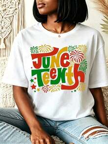 Camiseta de talla grande para mujer, diseño 1865 Juneteenth Liberty Celebration, estampado gráfico vintage con colores pan-africanos, cuello redondo de algodón, manga corta, ajuste cómodo, casual y llamativa, adecuada para desfiles de Juneteenth, eventos culturales y uso diario - Diseño tradicional afroamericano con la celebración de Juneteenth, lavable a máquina y adecuada para todas las estaciones, regalos para el Mes de la Historia Negra. - Blanco - Ver 6