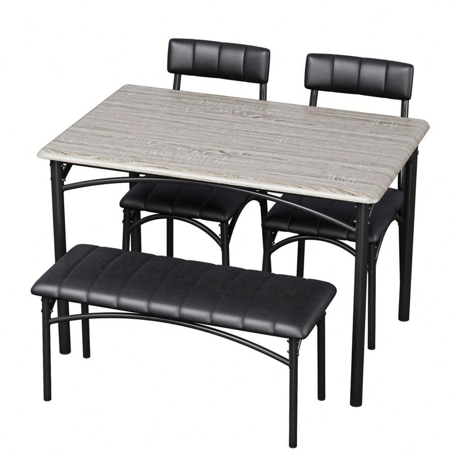 Space-Saving 4-Piece Dining Table Set For 4 Industrial Rustic Brown & Black – Wooden Table With Upholstered Chairs & Bench - Grey - View 1
