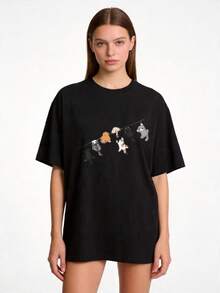 Premium Women's Casual Everyday T-Shirt, Sizes S-2XL, Short Sleeve, Solid Color With Black And White Cat Print. Suitable For Family And Couple Outfits. Perfect For Spring And Summer. Ideal Gift For Mom, Mother's Day, Family Members, And Best Friends. . - 黑色 - 查看 8
