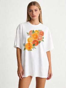 Conjunto de 1 pieza con estampado de frutas premium, camiseta unisex de cuello redondo 100% de talla extra grande, camiseta básica de corte holgado, diseño de rodajas de cítricos, adecuada para conjuntos familiares y de parejas, ropa de verano, regalo para amigos y familiares, ecológica. - Blanco - Ver 8