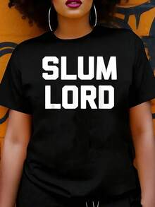 Camiseta Estampada para Mujer - Camiseta Casual de Manga Corta y Cuello Redondo en Negro con Texto Blanco en Negrita SLUM LORD, Corte Relajado para Todas las Estaciones, Perfecta para Uso Diario y Atuendos de Vacaciones (Lavable aáquina). - Negro - Ver 1