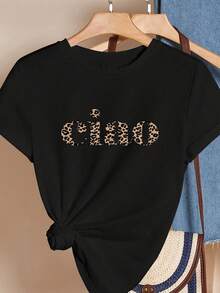 Camiseta Deportiva Casual para Mujer con Diseño de Texto Cherd en Estampado de Leopardo - Camiseta Negra Elástica de Cuello Redondo, Lavable aáquina, Ajuste Cómodo para Todas las Estaciones, Perfecta para el Uso Diario. - Negro - Ver 1