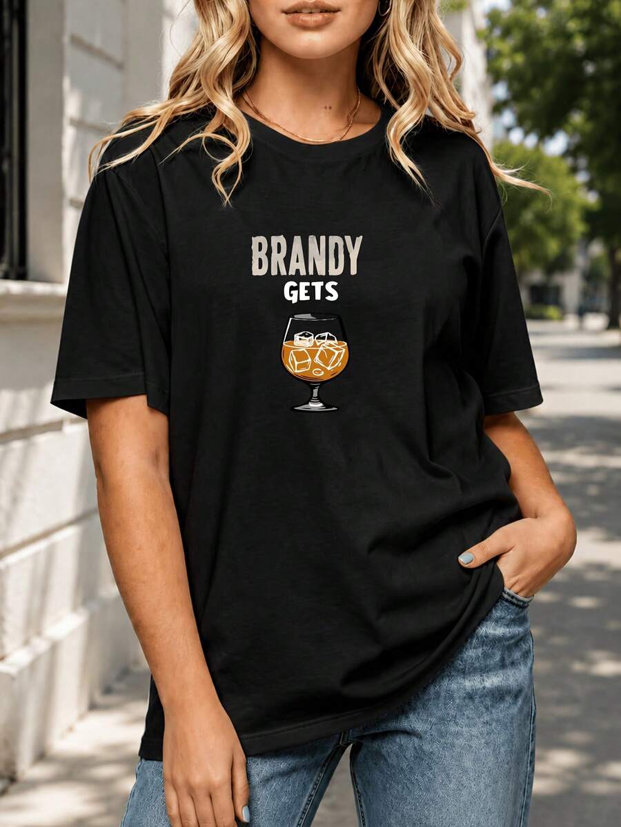 Camiseta Deportiva Casual para con Diseño Gráfico BRANDY GETS - Elástica y de Cuello Redondo, Lavable aáquina, Ajuste Cómodo para Todas las Estaciones, Perfecta para Uso Diario y Estilo Casual. - Negro - Ver 1