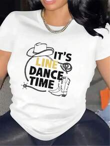 Camiseta de cuello redondo, duradera y cómoda para baile en línea, perfecta para fiestas y eventos, con un diseño de sombrero y botas de vaquero, adecuada para actividades en interiores y exteriores, una prenda elegante y ligera. Blusas Para Mujer Casual. - Blanco - Ver 1