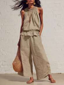 Nuevo conjunto de dos piezas de lino y algodón de estilo bohemio retro con volantes - Caqui - Ver 1