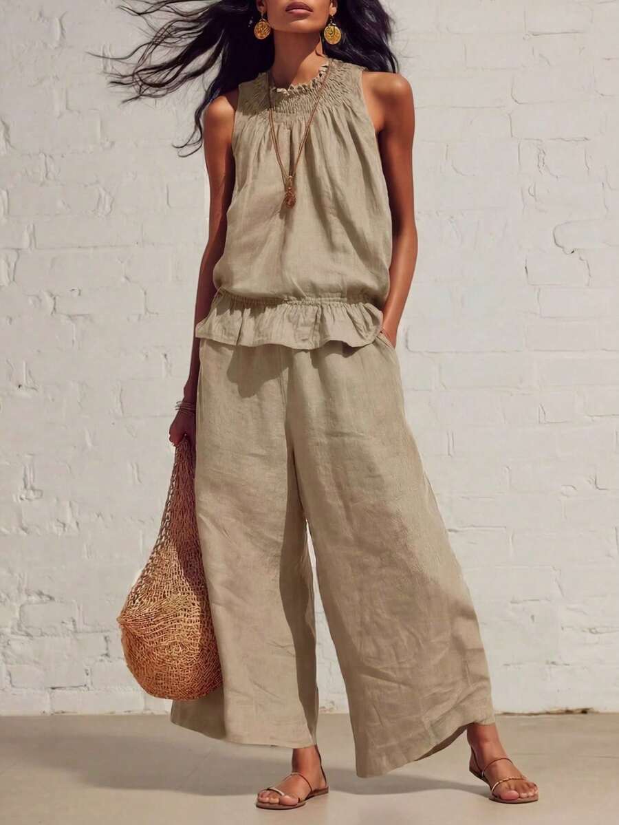 Nuevo conjunto de dos piezas de lino y algodón de estilo bohemio retro con volantes - Caqui - Ver 1
