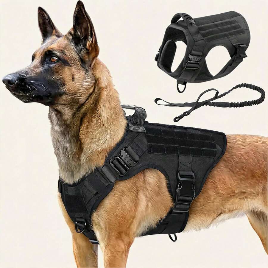 2 件套战术狗背带和牵引绳套装，重型可调节 Molle 手柄，带手柄，适用于中大型犬、服务犬、军犬、徒步旅行、狩猎