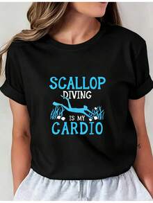 Camiseta Deportiva Casual para Mujer en Negro con Diseño de Texto Turquesa y Blanco - Camiseta Elástica de Cuello Redondo, Lavable aáquina, Ajuste Cómodo y Apta para Todas las Estaciones, para Uso Diario y Actividades Informales. - Negro - Ver 1