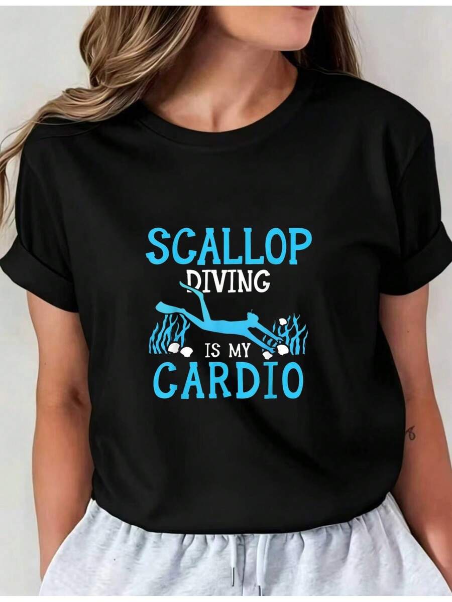 Camiseta Deportiva Casual para Mujer en Negro con Diseño de Texto Turquesa y Blanco - Camiseta Elástica de Cuello Redondo, Lavable aáquina, Ajuste Cómodo y Apta para Todas las Estaciones, para Uso Diario y Actividades Informales. - Negro - Ver 1