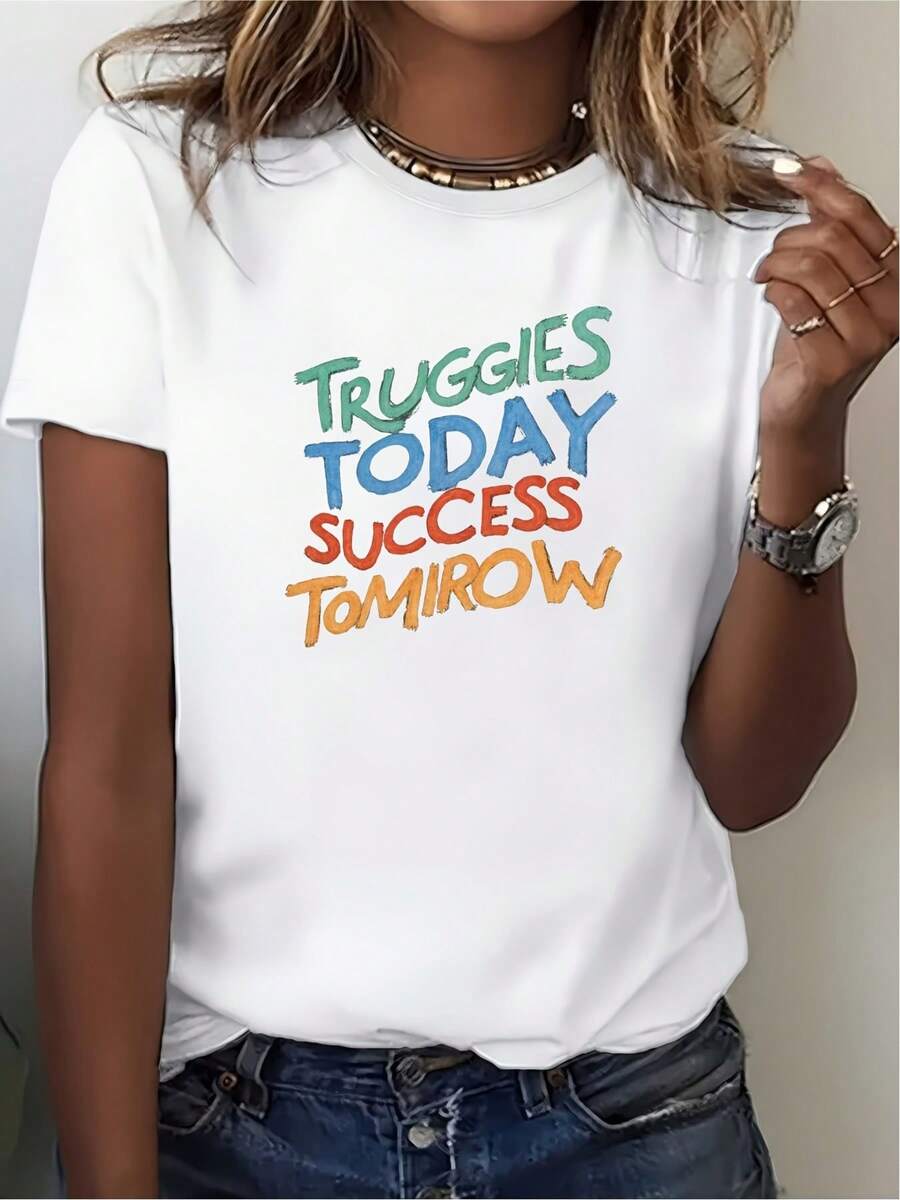 Women's Casual Blouse, Simple Style For Everyday Wear, T-Shirt With The Phrase "Today's Efforts, Tomorrow's Success"! 180g T-Shirt -- Perfect Gift For Men's Parties And Christmas | The Best Choice For Family Gatherings And Team-Building Activities Is The Cozy Soft Simple Everyday Wear Short-Sleeved T-Shirt. - 白色 - 查看 1
