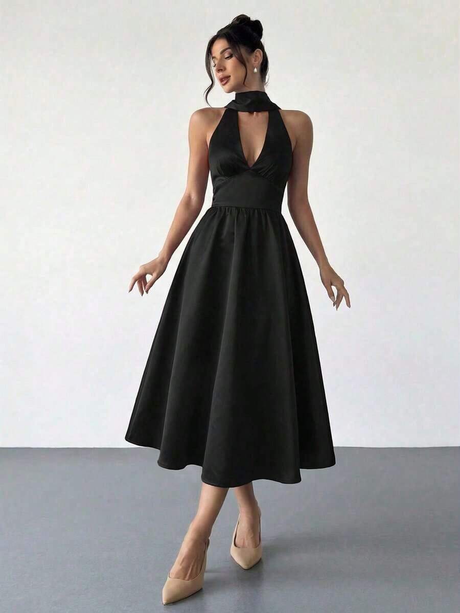 High-Waisted Midi Dress With A V-Neck And Open Back, In A Vintage French Polka Dot Style, Suitable For Valentine's Day, Concerts, Performances, Dates, Banquets, Weddings, Sexy, Elegant, Back To School, Vacation, Beach, Romantic - 黑色 - 查看 1