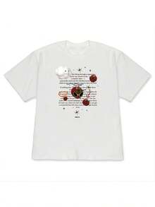 A Relaxed Women's Off-The-Shoulder T-Shirt With A Unique Design! Oversized Short-Sleeved T-Shirt For Couples Featuring A Glasses And Tomato Cloud Print For A Laid-Back Style - High Quality - 白色 - 查看 1
