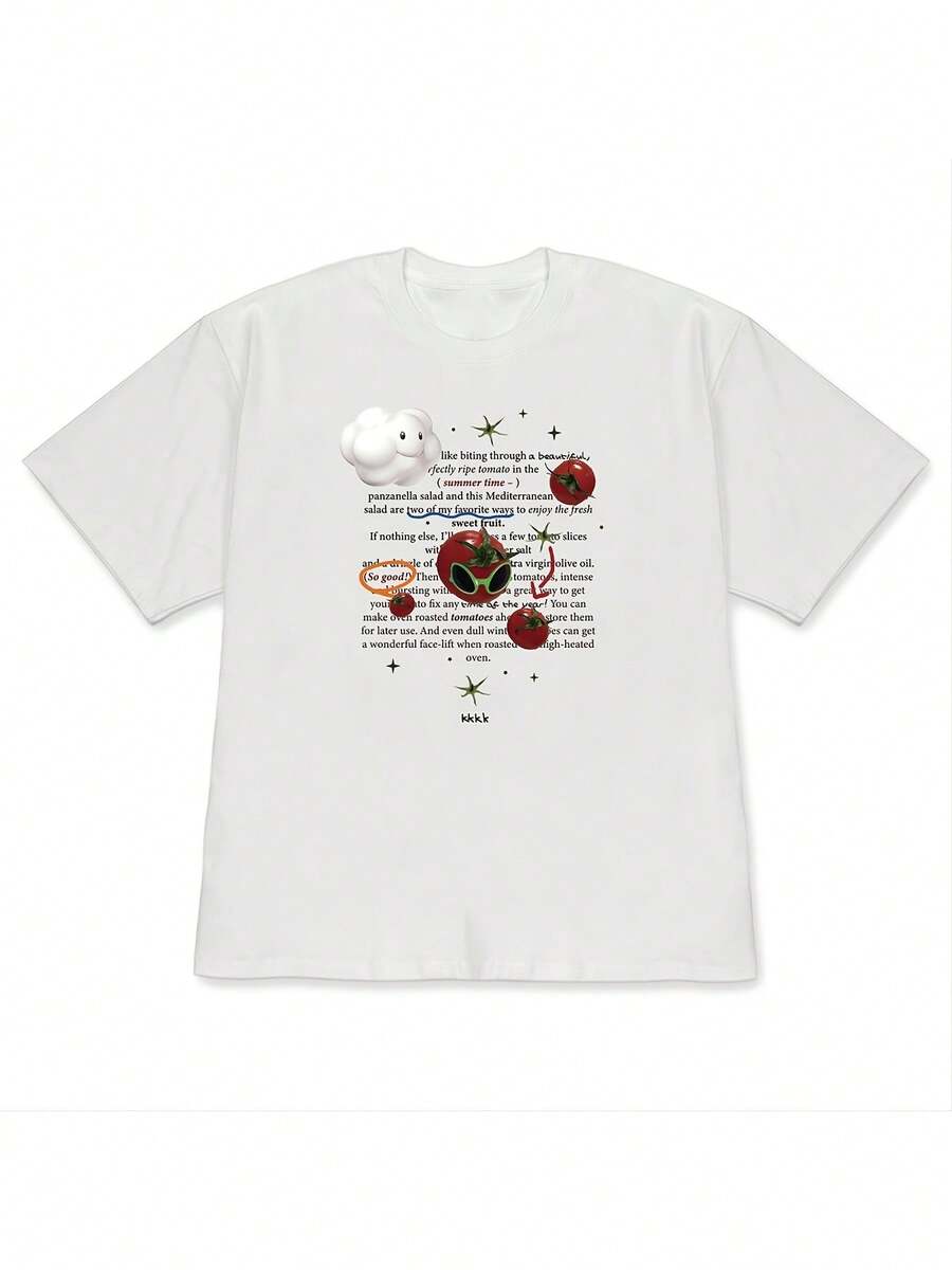 A Relaxed Women's Off-The-Shoulder T-Shirt With A Unique Design! Oversized Short-Sleeved T-Shirt For Couples Featuring A Glasses And Tomato Cloud Print For A Laid-Back Style - High Quality - 白色 - 查看 1