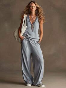 Conjunto de Dos Piezas Casual para Mujer, Estilo Europeo y Americano 2024, Chaleco sin Mangas con Cuello en V y Pantalones de Pierna Ancha, Holgado y Drapeado - blanquecino - Ver 8