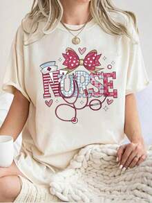 Women's Casual Blouse, Simple Style For Everyday Wear, Mother's Day, Nurse's Day. New Women's Casual Short-Sleeve Crew Neck T-Shirt With A Nursing-Themed Print Design Featuring A Bow, Stethoscope, And Heart. Cute Style, A Popular Gift For Family And Friends, Perfect For Summer Wear. Comfortable, Soft, And Simple Short-Sleeve Top For Everyday Wear. - 杏色 - 查看 1