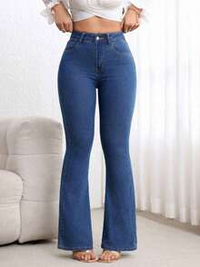 Jeans de mezclilla casual con bolsillo frontal y cierre de botones, para uso diario - Azul lavado medio 2 - Ver 7