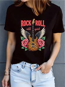Primavera.1pac.100%Cotton.100% Cotton Womens Casual Cotton Short Sleeve Round Neck T-Shirt With Rock And Roll Leopard Guitar Print For Parties.Grafica Vacanze - 黑色 - 查看 1