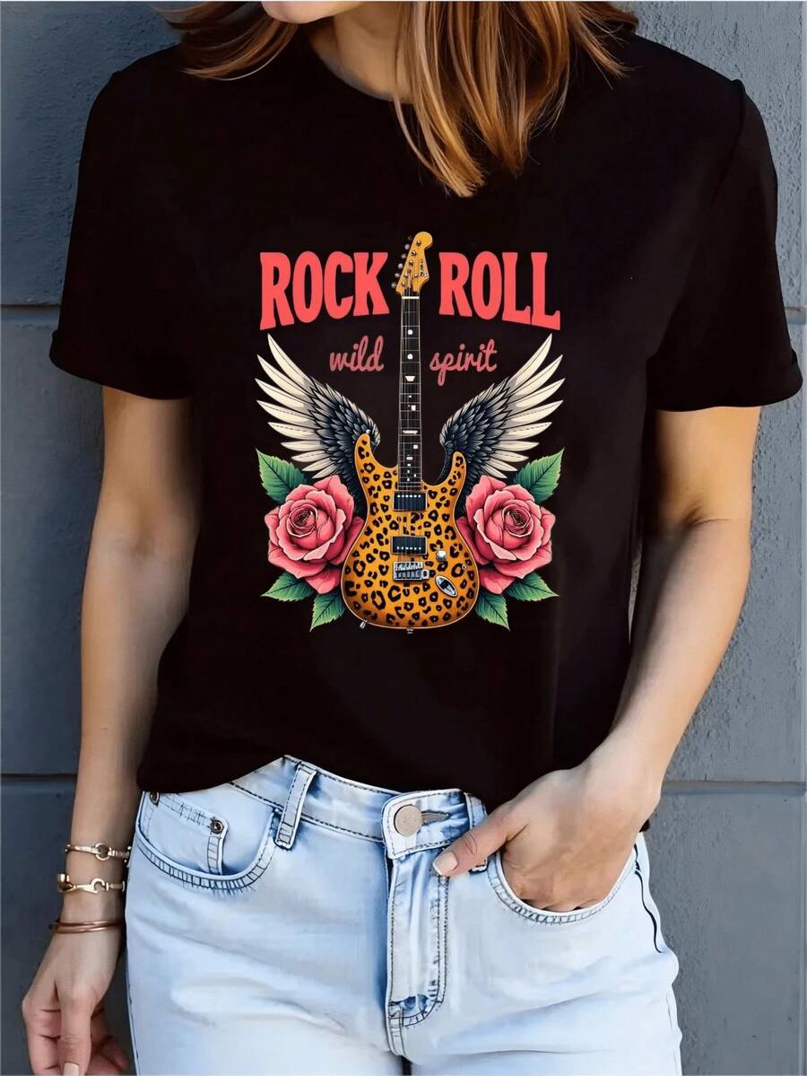 Primavera.1pac.100%Cotton.100% Cotton Womens Casual Cotton Short Sleeve Round Neck T-Shirt With Rock And Roll Leopard Guitar Print For Parties.Grafica Vacanze - 黑色 - 查看 1