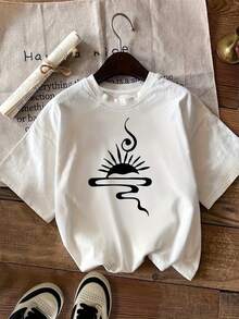¡Oferta por tiempo limitado, unidades limitadas,  relámpago! Camisas casuales para mujer, camisetas de poliéster para mujer, camisas elegantes.Camiseta moderna con estampado de sol,diseño minimalista - Blanco - Ver 9