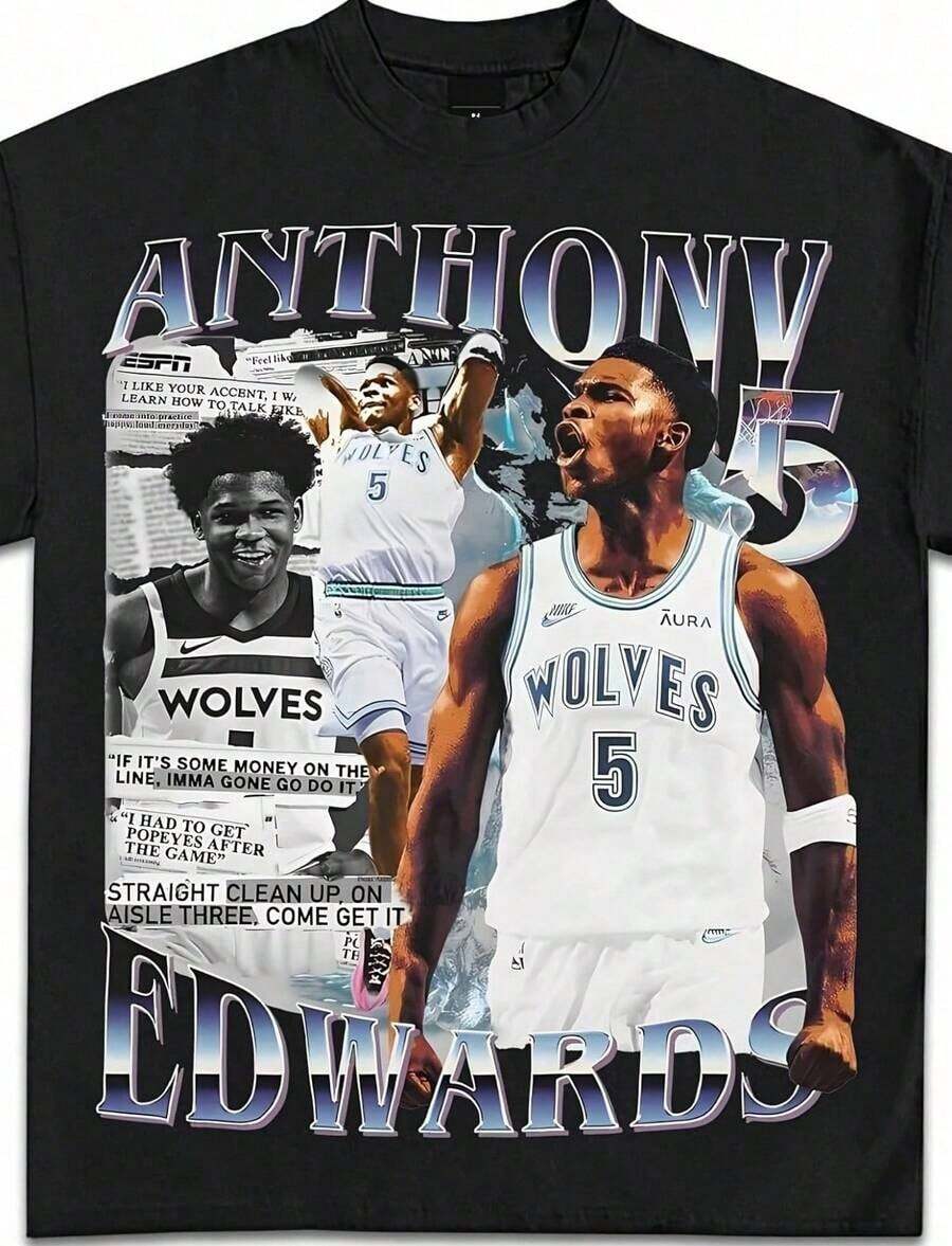 Men's Y2K Pure Cotton Vintage Basketball Graphic T-Shirt With Anthony Edwards Newspaper Print, Rap Style, High Quality And Heavyweight - 黑色 3 - 查看 1