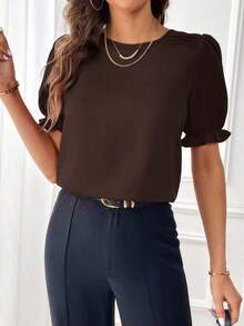 Blusa con mangas abullonadas sólidas, blusas de manga corta - Café integral - Ver 4