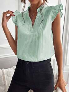 Blusa de mujer de verano casual con cuello con muesca a rayas y volantes en el bajo - Verde - Ver 6