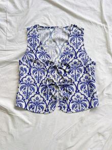 Camiseta de tirantes con estampado floral monocromático atada al frente para vacaciones de mujer - Azul y blanco - Ver 4