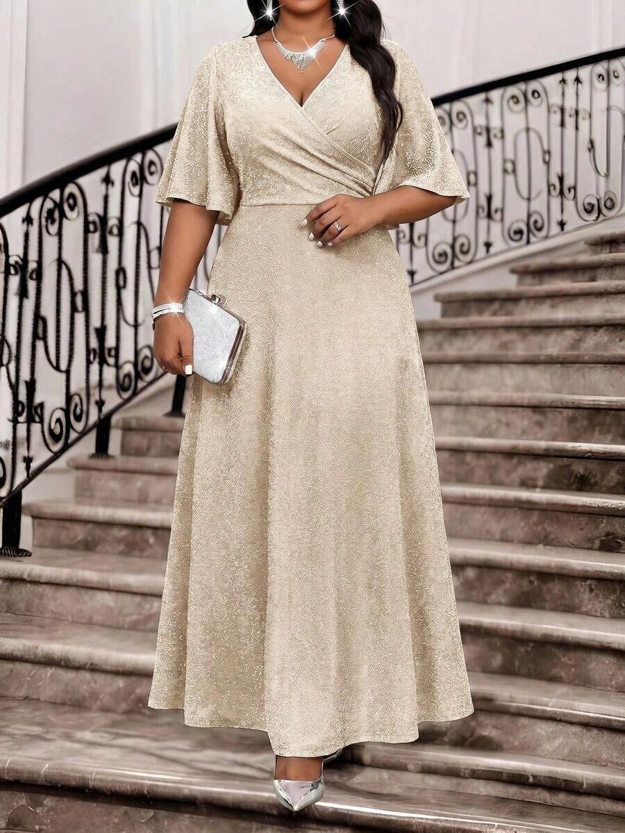 Vestido de fiesta elegante con cuello en V y cintura fruncida para tallas grandes - Albaricoque - Ver 1