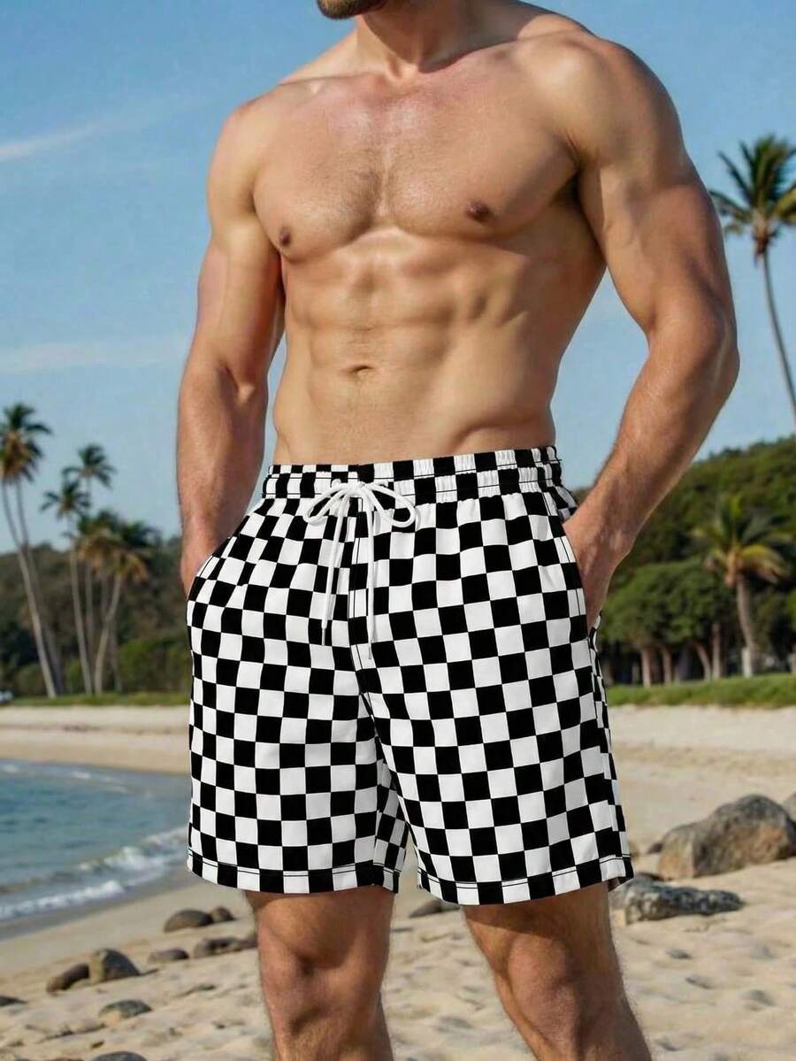 1pc Plus Size Men's Plaid Casual Beach Shorts, Breathable Lightweight And Comfortable, Suitable For Summer Vacation - Black and White - View 1
