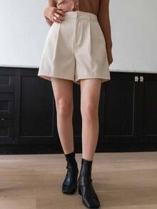 Pantalones cortos de mujer de cintura alta con bolsillos y plisados, de unicolor, para el verano - Beis - Ver 6