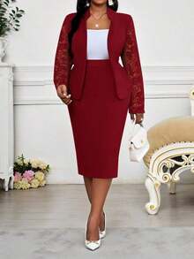 Lady Traje elegante de blazer y vestido de manga larga con cuello de solapa y encaje en contraste para mujer de talla grande - Burdeos - Ver 7