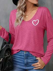 Camiseta de manga caída con estampado de corazón, informal - Rosa Fucsia - Ver 2