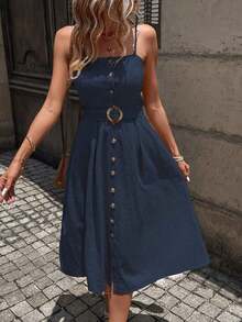 Vestido largo con paneles y cinturón para mujer - Azul marino - Ver 12