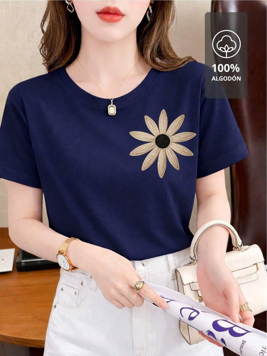 Beige Floral Print T-Shirt | 100% Cotton - 海軍藍 - 查看 1