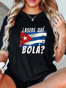 Camiseta con Estampado de Bandera para Mujer, Nueva Moda de Verano, Camiseta de Manga Corta, Tops Estampados con Cuello Redondo, Camiseta Casual, Ropa de Mujer, playeras de mujer - Negro - Ver 1