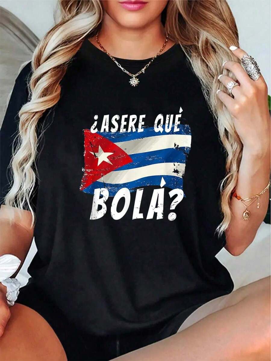 Camiseta con Estampado de Bandera para Mujer, Nueva Moda de Verano, Camiseta de Manga Corta, Tops Estampados con Cuello Redondo, Camiseta Casual, Ropa de Mujer, playeras de mujer - Negro - Ver 1