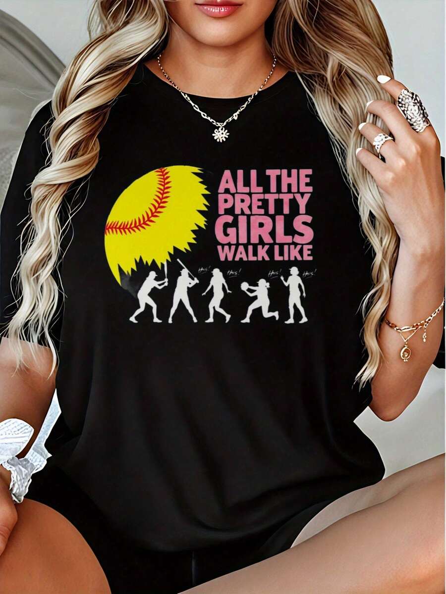 Camiseta de Talla para Mujer con Diseño de Softbol - Camiseta con Diseño de Softbol Todas las Mujeres Hermosas Caminan Así - Top Negro y Rosa - Ropa Casual Transpirable% Algodón, Adecuada para Jugadoras de Softbol, Regalo para Fanáticos - Lavable aáquina para Uso Diario, Estampado Divertido, Ajuste Cómodo, Camiseta con Estampado - Camiseta Unisex de Manga Corta, Cuello Redondo, Algodón Suelto, Estilo Vintage Urbano - Negro - Ver 1